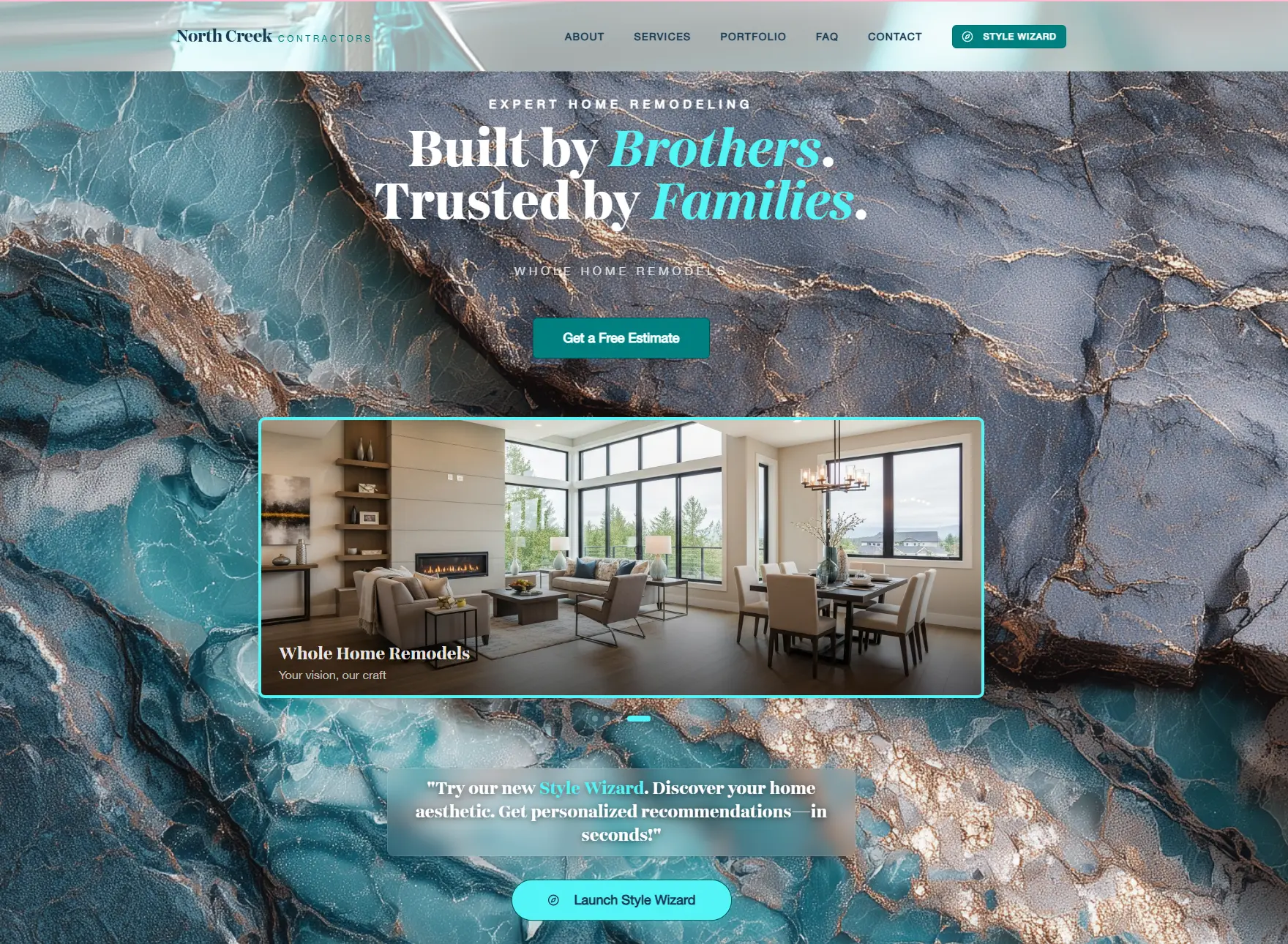 Redesigned North Creek Contractors homepage with a stone and aqua material hero, serif headline and a featured whole home remodel.
