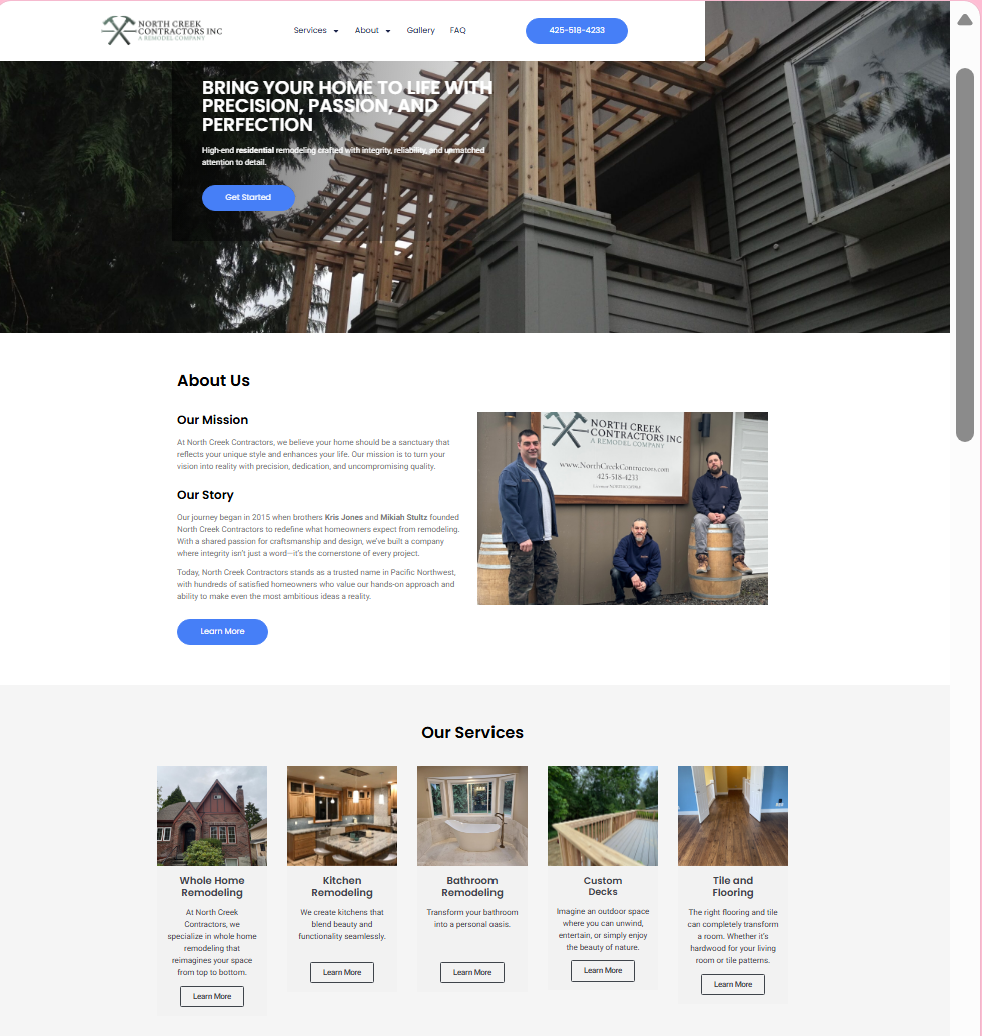 The original North Creek Contractors website homepage, with a photographic hero, an about section and a row of service cards.