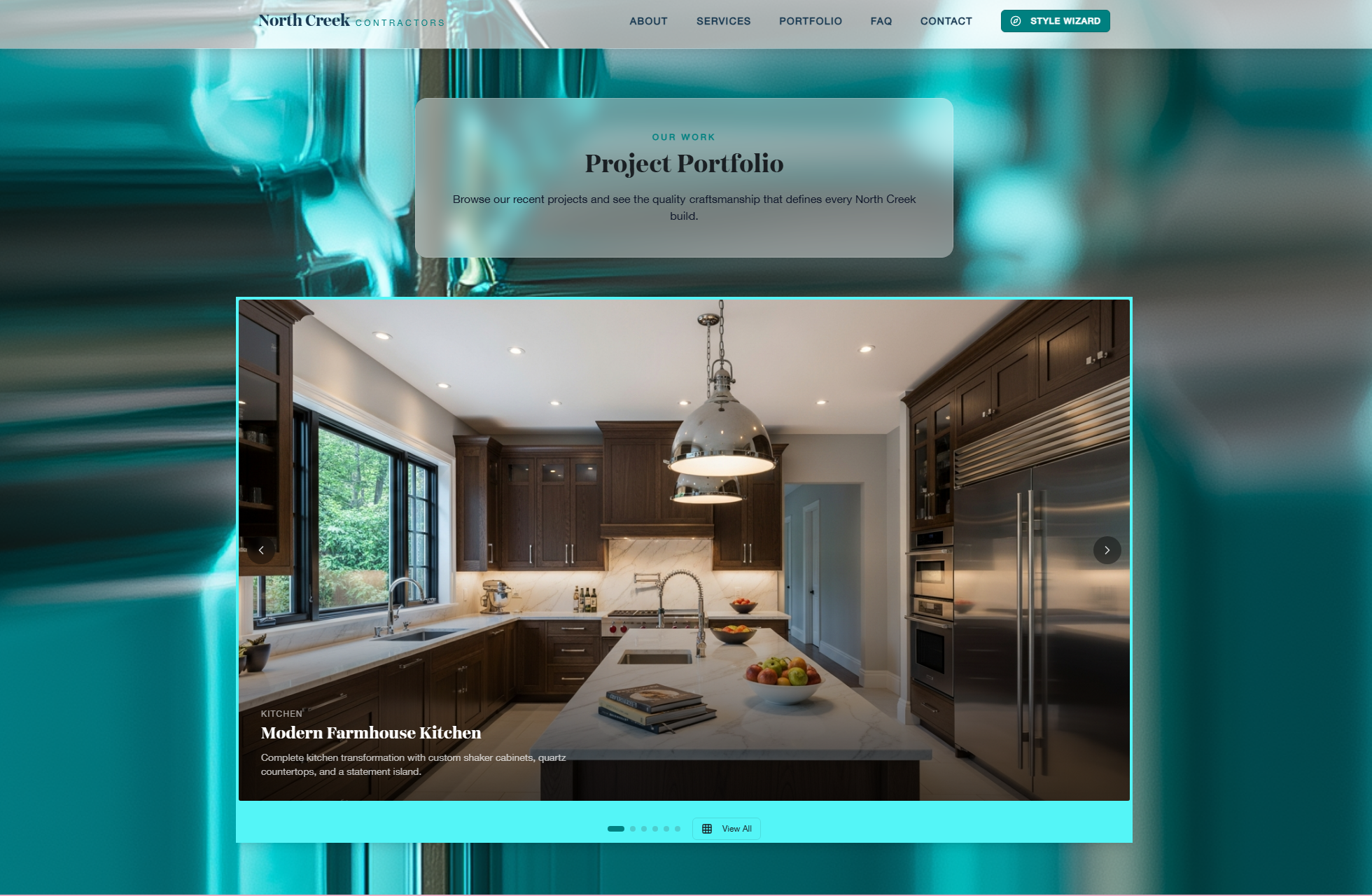 Redesigned North Creek project portfolio showing the Modern Farmhouse Kitchen project in a large browsable image viewer.