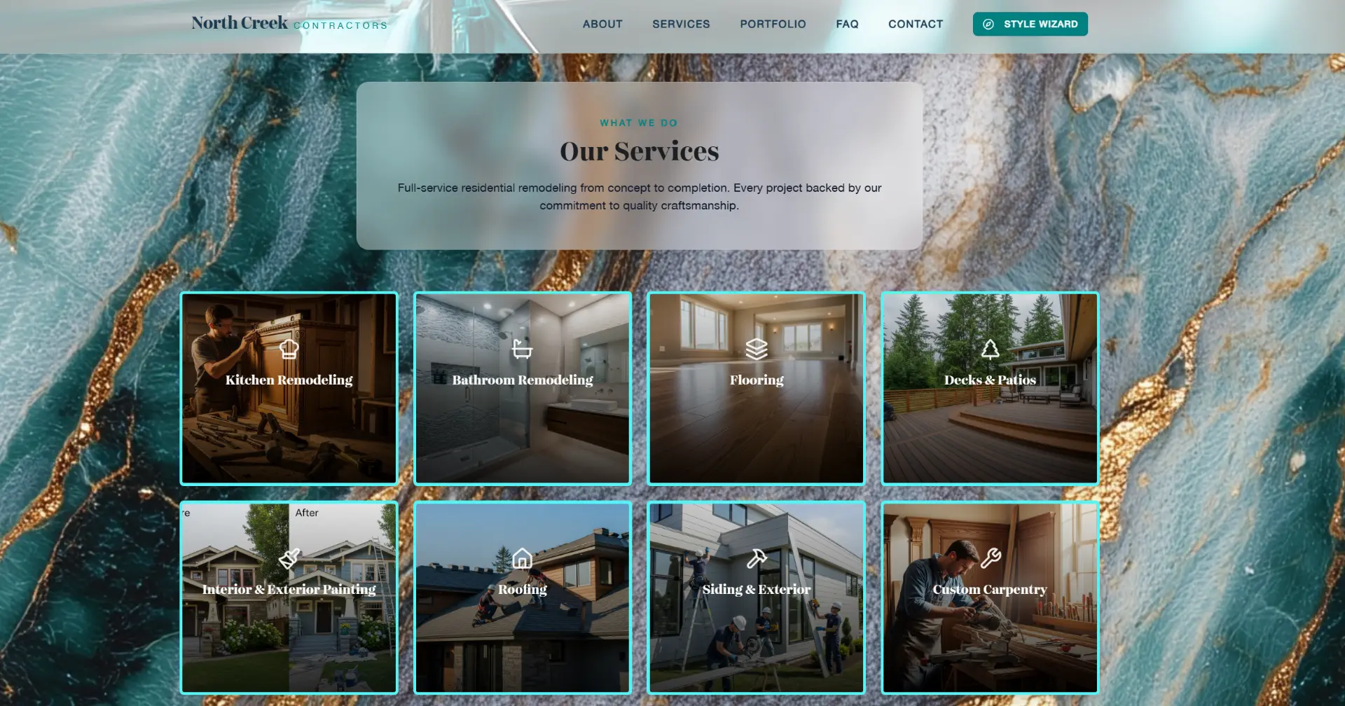 Redesigned North Creek services section: eight image-led service cards over an aqua and gold material background.