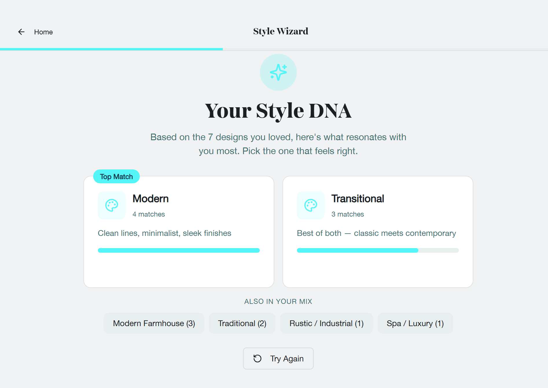 Style Wizard Your Style DNA screen showing Modern as the top match, Transitional second, and additional styles in the mix.