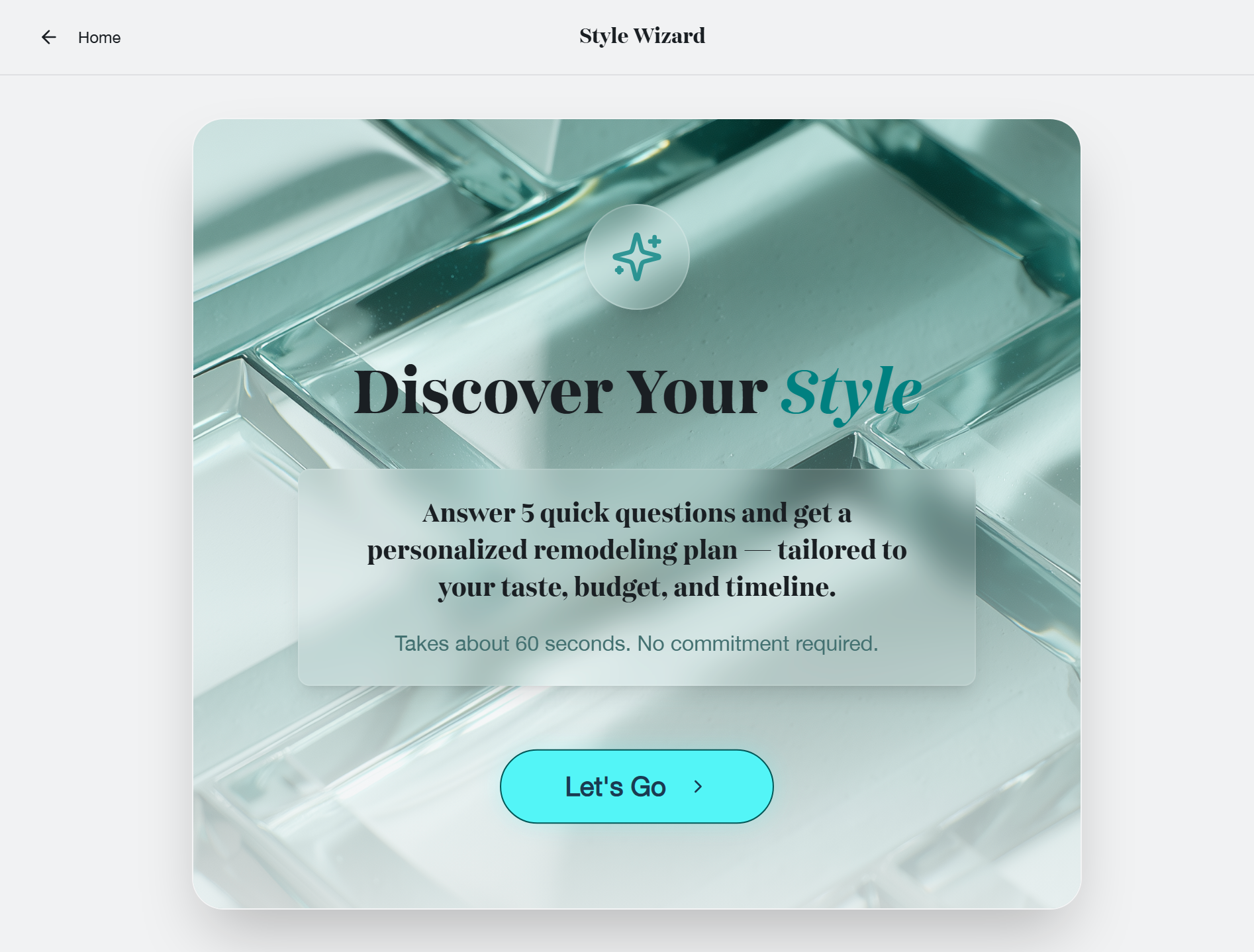 Style Wizard opening screen: Discover Your Style, with a five-question introduction and a Let's Go button.