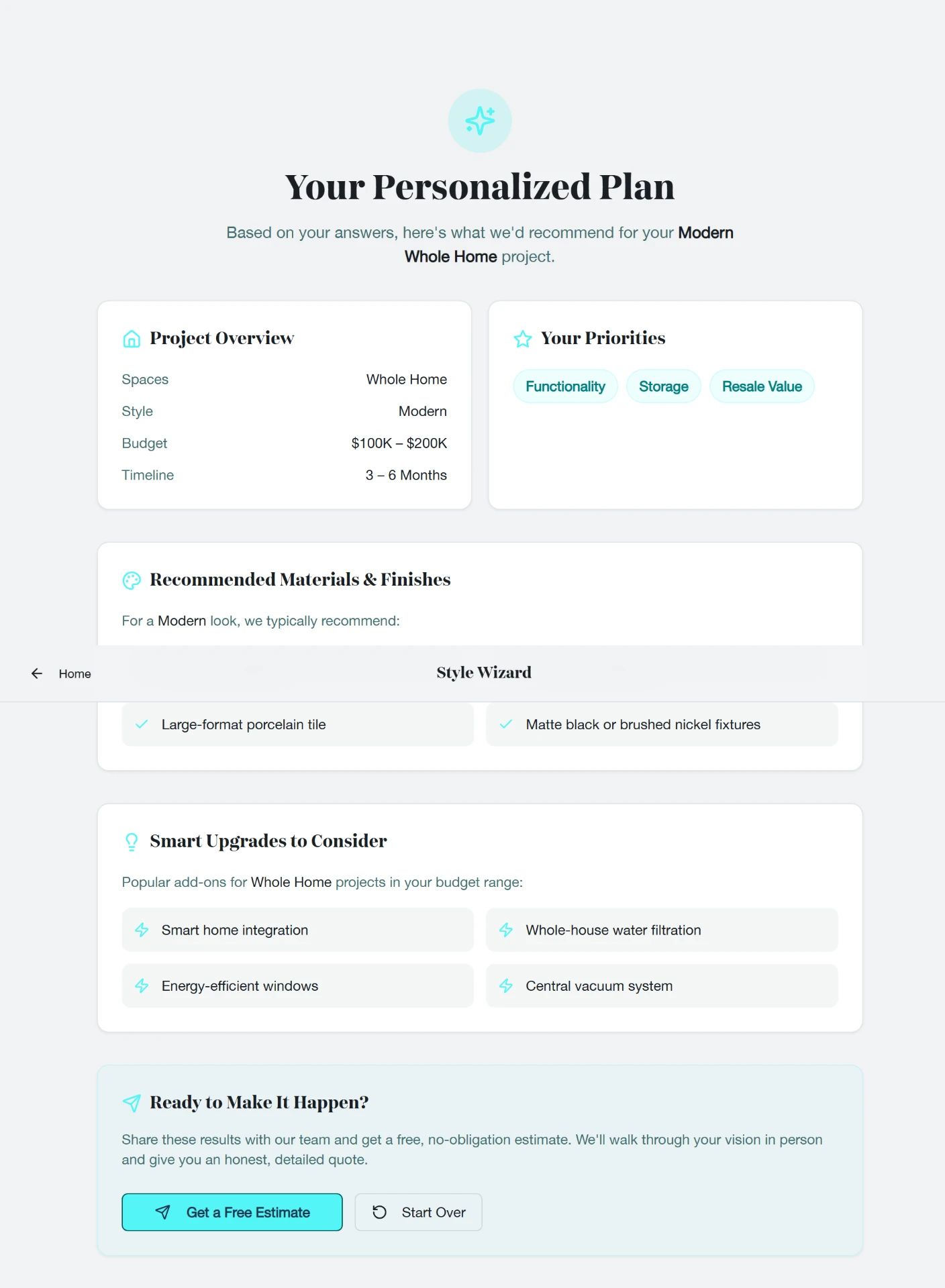 Style Wizard personalized plan showing project overview, priorities, recommended materials, smart upgrades and a free estimate call to action.