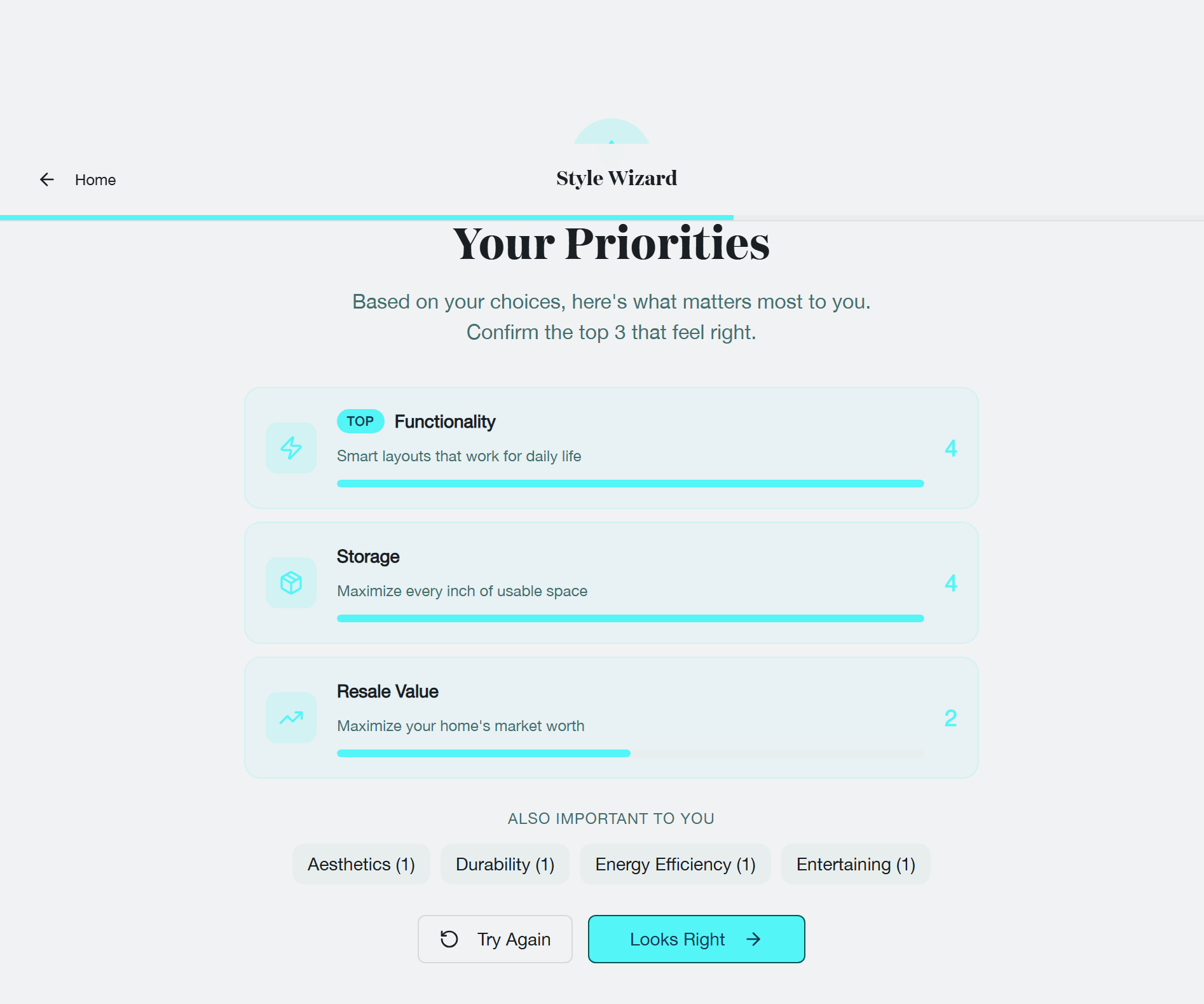 Style Wizard Your Priorities screen ranking functionality, storage and resale value with scores and secondary interests.